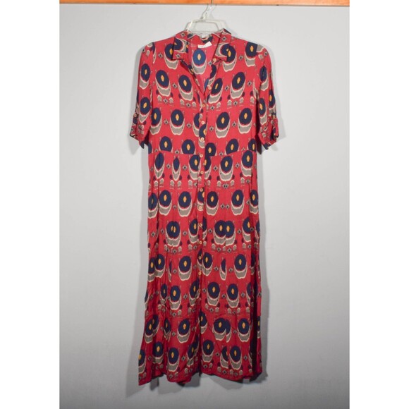 Bombay Paisley Burgundy Print Full Button Front Boho Maxi Shirt Dress Sz S - Picture 1 of 4